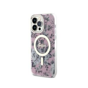 Guess PC/TPU Flowers IML MagSafe Kompatibilní Zadní Kryt pro iPhone 14 Pro Pink